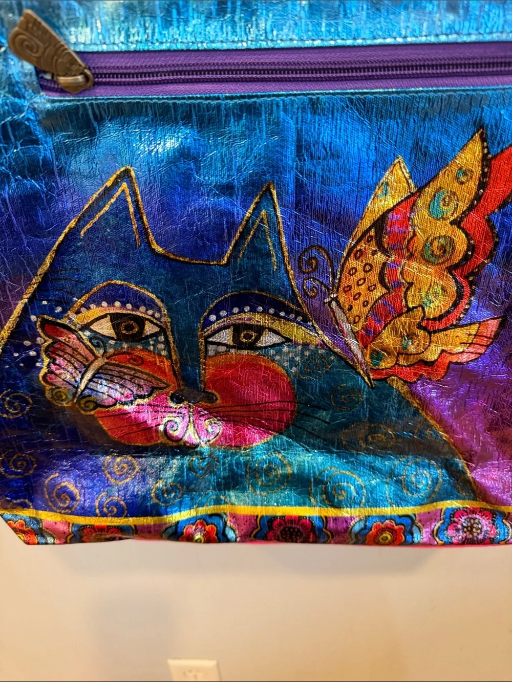Laurel Burch Cat Iridescent Blue-Purple Artistic Tote Bag